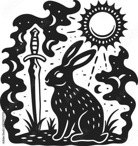 Rabbit sitting under the sun near a sword with mystic smoke and stars in black silhouette