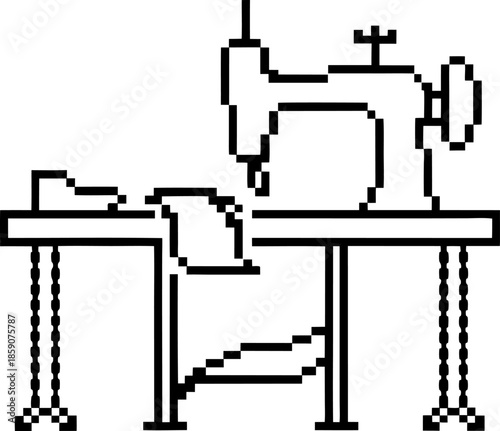 Pixel art of a vintage sewing machine on table with fabric and foot pedal in black and white