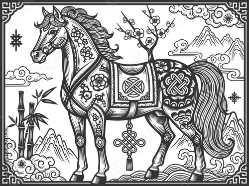 Happy Chinese new year golden red relief horse traditional lantern spiral cloud and folding fan. Chinese translation : New year of horse