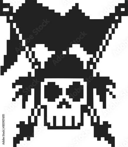 Pixelated pirate skull with crossed flags retro 8 bit digital design, black and white icon, classic gaming and adventure symbol