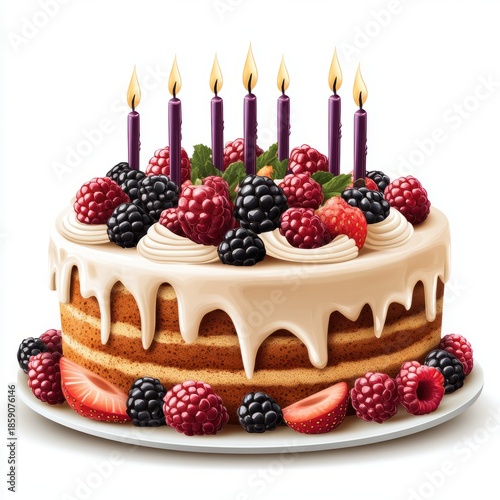 Delicious and Colorful Layered Cake with Fresh Berries and Candles for Celebratory Events