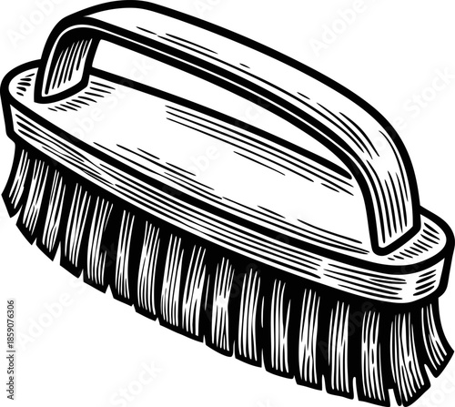 Handheld scrub brush with firm bristles for cleaning and scrubbing surfaces, wooden handle design