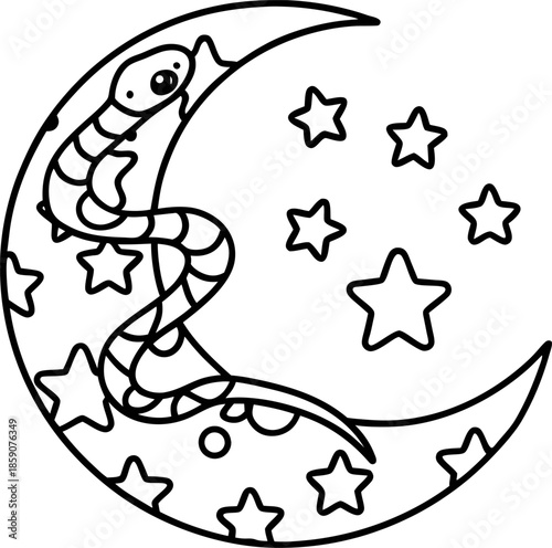 snake coiled on crescent moon with surrounding stars outline drawing