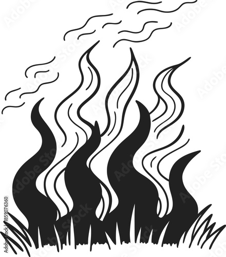 Black flames rising from grass with curling smoke lines on white background, simple fire illustration