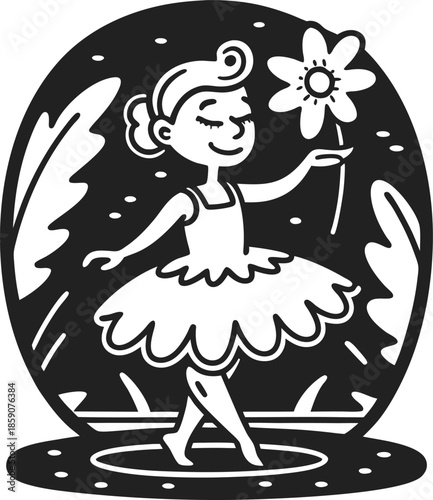 Ballerina girl dancing gracefully in tutu holding a flower outdoors at night