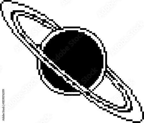 pixel art representation of a planet with rings, black and white digital space illustration