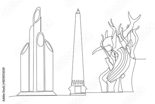 The sharpened bamboo monument, the hero's monument and the Surabaya monument. Surabaya concept one-line drawing