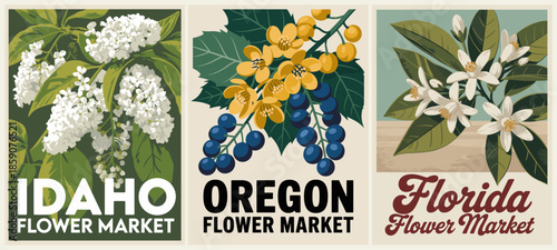 Retro travel poster triptych featuring Idaho, Oregon, and Florida flower market designs with mid century botanical illustrations and vintage typography.