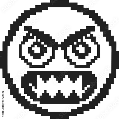 Pixelated angry face emoji with furrowed brows and sharp teeth, retro black and white digital expression