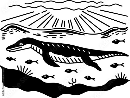 Prehistoric marine reptile swimming underwater among fish with sunrays above ocean surface