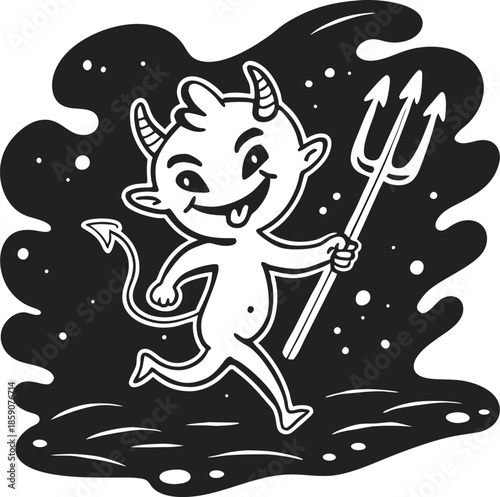 Playful devil character carrying trident with smirk, horns, fangs, tail, running in dark, illustration