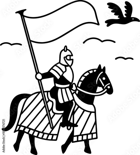 Medieval knight in armor riding horse with flag, heraldic banner and flying birds in black and white silhouette