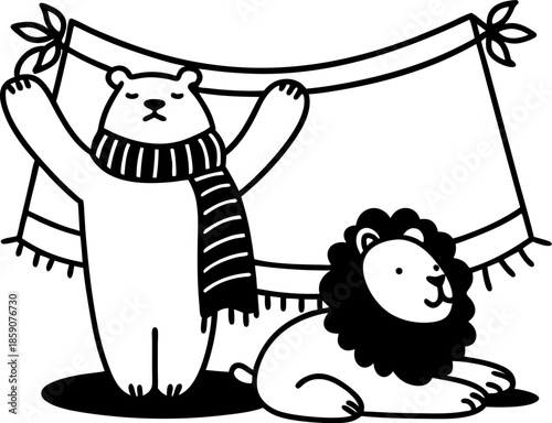 Bear wearing scarf and lion resting together with a hanging blanket background cute animals, warm cozy theme