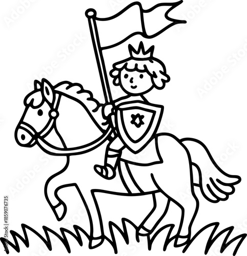Prince riding horse holding flag and shield with crown and armor in medieval setting