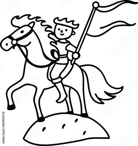 Knight on horseback holding flag standing on hill illustration, medieval warrior, childlike drawing