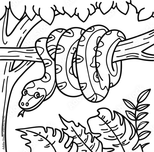 snake coiled around tree branch in jungle environment with tropical leaves and foliage