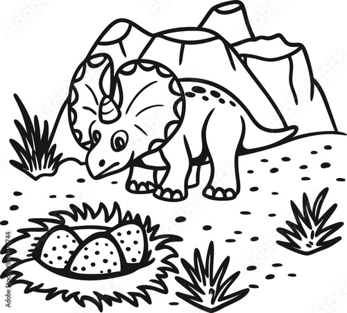 Triceratops dinosaur near nest with eggs in prehistoric landscape with mountains and plants