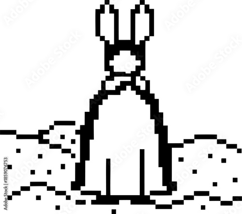 Minimalist pixel art of a sitting rabbit in nature with a simple dotted background