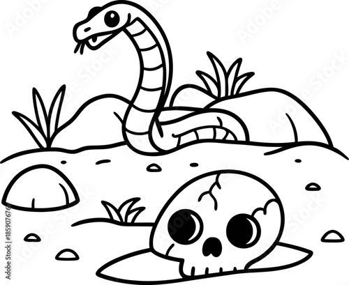 Snake emerging from rocks near cracked skull in desert scene with plants and dirt