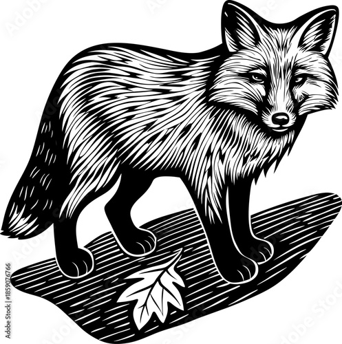 Fox standing with detailed fur texture and shadow, autumn leaf beneath, black and white animal illustration