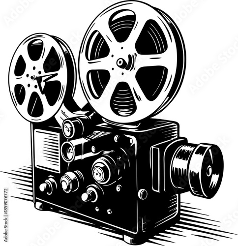 Vintage film camera with dual reels, classic movie projector for cinema and filmmaking equipment illustration