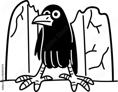 crow perched between two stone pillars, black bird with large eyes and sharp beak