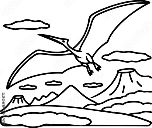 pterodactyl flying over prehistoric volcanic landscape with mountains and clouds