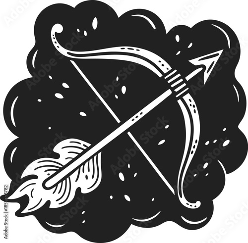 Sagittarius zodiac sign illustration with bow and flaming arrow on dark abstract background