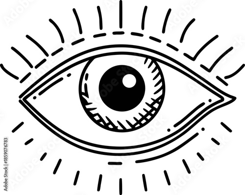 hand drawn eye illustration with radiating lines symbolizing vision, awareness, insight, and perception