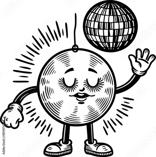vintage disco ball character waving with sparkling light rays and hanging shiny mirror ball