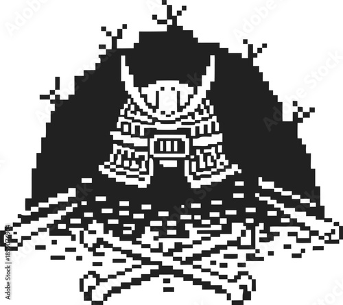 pixel art samurai helmet with crossed bones beneath, digital black and white warrior symbol