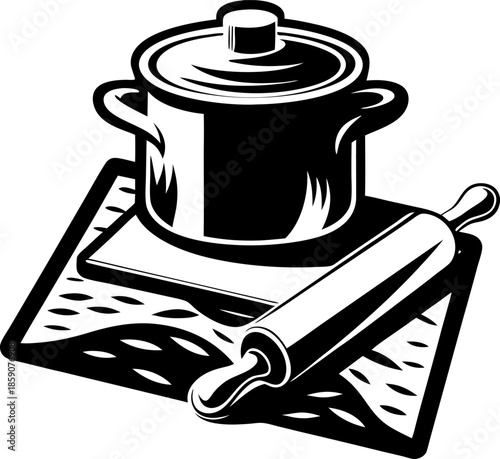 Kitchen cooking pot with lid, rolling pin, and kitchen towel illustration