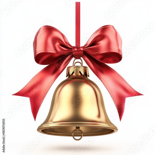 Elegant Golden Bell Decorated with Red Ribbon for Holiday and Christmas Celebrations, Isolated on White Background