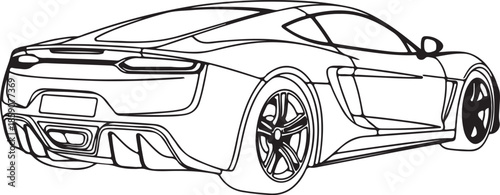 Line Art Drawing of a Modern Sports Car Coupe from Rear View.