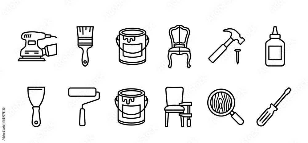 Obraz premium Set of black line icons for furniture restoration and repair, including a sander, paintbrush, paint can, vintage chair, hammer, glue, and screwdriver for DIY projects