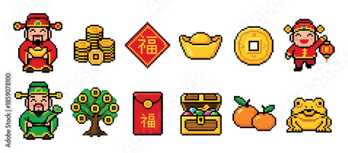 Pixel art icon set of Chinese New Year symbols including Caishen, gold coins, and red envelopes in a retro 8-bit video game style for celebrating wealth and prosperity