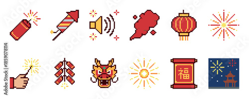 Set of pixel art Chinese New Year icons in a retro 8-bit style, featuring a festive dragon, red lantern, firecrackers, fireworks, and a traditional good fortune scroll