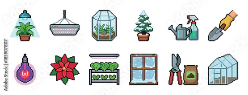 Set of pixel art icons for winter gardening and indoor plants, including a greenhouse, grow light, terrarium, poinsettia, and various tools in a retro 8-bit video game aesthetic