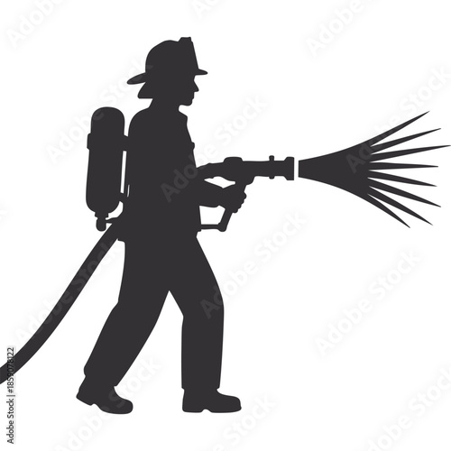 Firefighter in profile spraying powerful stream of water from a hose nozzle with a stylized graphic design on white.