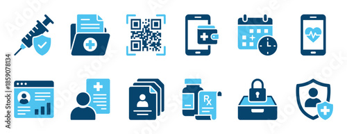 Blue medical and vaccination passport icon set representing digital health records, QR code identification, online appointments, and secure patient data for modern healthcare services