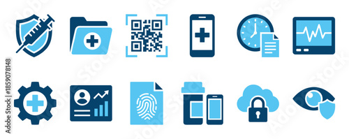 Set of blue digital health icons representing vaccination passports, medical data security, telemedicine, QR codes, and secure cloud storage in a flat vector illustration style