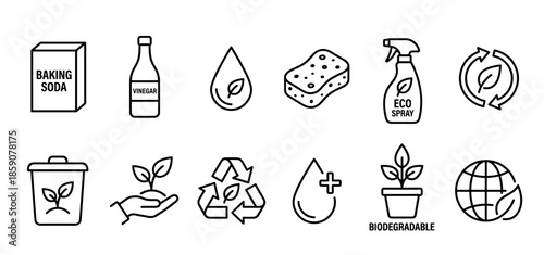Eco-friendly cleaning line icon set representing natural products like baking soda and vinegar, recycling, biodegradable materials, and environmental care concepts in a minimal style
