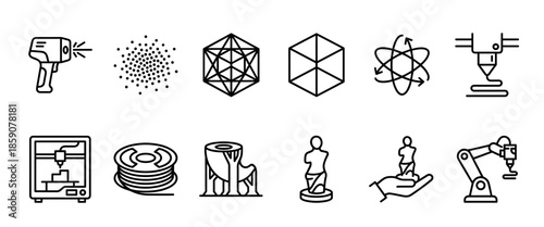 Set of black line art icons representing 3D printing technology, including a printer, scanner, filament, robotic arm, and geometric models for additive manufacturing and prototyping
