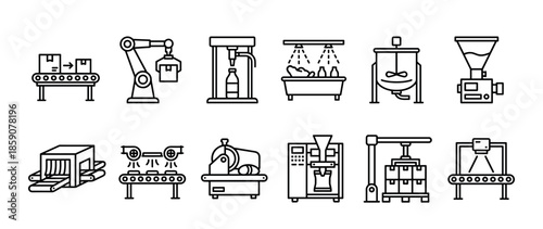 Collection of industrial production line icons in a minimalist black outline style, illustrating factory automation, machinery, packaging, and various manufacturing processes