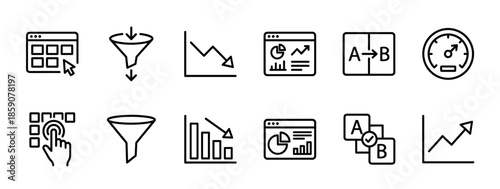 Set of black line icons for conversion rate optimization, including A/B testing, sales funnel, analytics dashboard, and performance metrics in a minimalist vector style