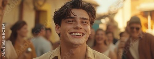Young man with charming smile in a vibrant street festival scene surrounded by joyful people and colorful background elements