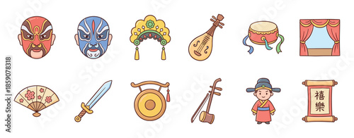 Collection of traditional Chinese opera icons featuring theatrical masks, musical instruments, and stage props in a cute cartoon doodle style for cultural celebration concepts