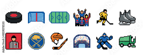 Set of twelve pixel art ice hockey icons featuring a puck, goal, rink, players, skates, and other game elements in a retro 8-bit video game style illustration