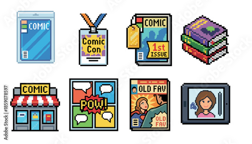 Set of pixel art comic book icons featuring a convention badge, storefront, stacked graphic novels, a digital drawing tablet, and a collectible first issue in a retro 8-bit style