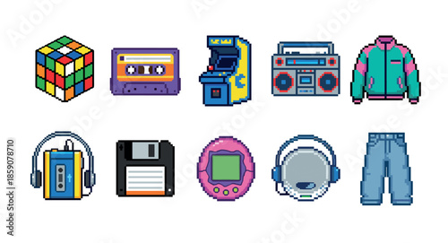 Set of retro pixel art icons featuring nostalgic 80s and 90s items like a cassette player, boombox, arcade game, floppy disk, and vintage fashion for a classic vibe